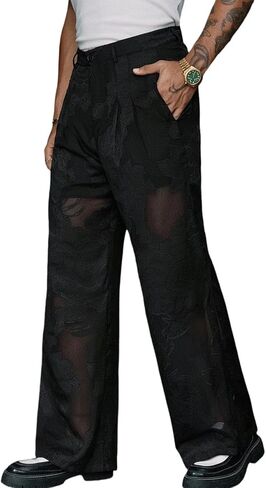 Men's Wide Leg Pants Polyester Mesh Detail Suit Waist Drape Cut Casual Everyday Modern Loose Fit Versatile in Saudi Arabia
