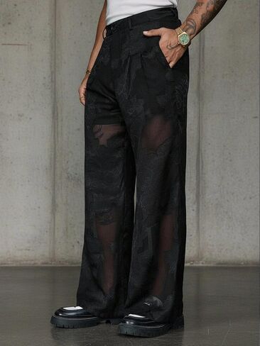 Men's Wide Leg Pants Polyester Mesh Detail Suit Waist Drape Cut Casual Everyday Modern Loose Fit Versatile in Saudi Arabia
