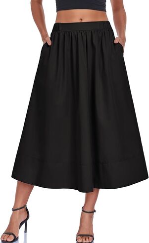 Women's Long Skirts Fall Flowy Elastic High Waist A-Line Pleated Boho Beach Maxi Skirt with Pockets in Saudi Arabia