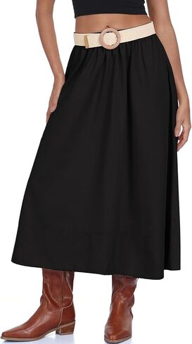 Women's Long Skirts Fall Flowy Elastic High Waist A-Line Pleated Boho Beach Maxi Skirt with Pockets in Saudi Arabia