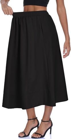 Women's Long Skirts Fall Flowy Elastic High Waist A-Line Pleated Boho Beach Maxi Skirt with Pockets in Saudi Arabia