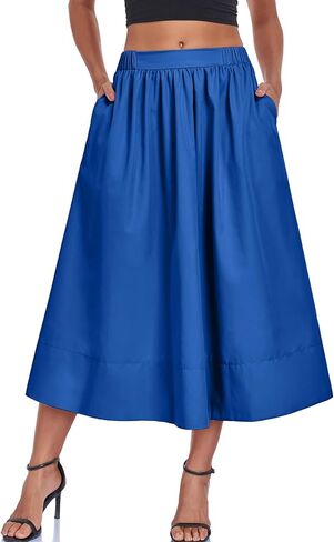 Women's Long Skirts Fall Flowy Elastic High Waist A-Line Pleated Boho Beach Maxi Skirt with Pockets in Saudi Arabia