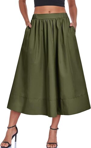Women's Long Skirts Fall Flowy Elastic High Waist A-Line Pleated Boho Beach Maxi Skirt with Pockets in Saudi Arabia
