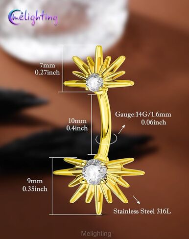 Melighting 14G خاتم زر البطن، مجوهرات ثقب بطن الشمس 316L من الفولاذ الجراحي، قضبان السرة الذهبية Barbell CZ Clear، 10 مم مجوهرات فضية للجسم للنساء in Kuwait