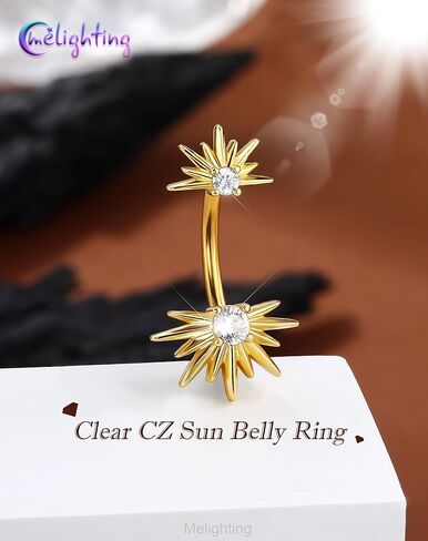 Melighting 14G خاتم زر البطن، مجوهرات ثقب بطن الشمس 316L من الفولاذ الجراحي، قضبان السرة الذهبية Barbell CZ Clear، 10 مم مجوهرات فضية للجسم للنساء in Kuwait