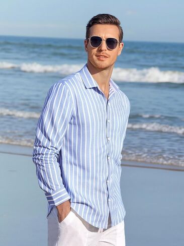 قميص Alex Vando رجالي من الكتان بأكمام طويلة كاجوال بأزرار سفلية للرجال قمصان الزفاف على الشاطئ in Saudi Arabia