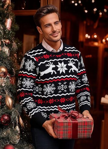 RQP Men's Ugly Christmas Sweater Crewneck Pullover with Reindeer,Cozy Knit Pullover for Holiday in Saudi Arabia