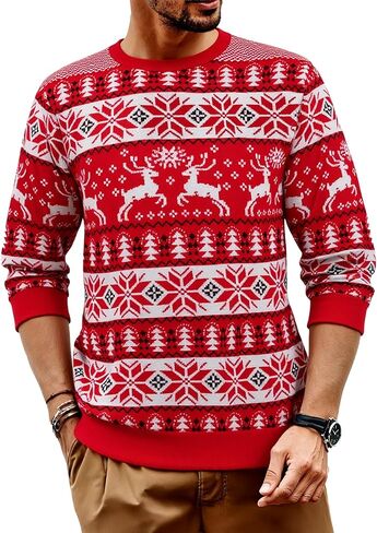 RQP Men's Ugly Christmas Sweater Crewneck Pullover with Reindeer,Cozy Knit Pullover for Holiday in Saudi Arabia