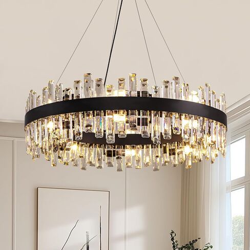 Siljoy Modern Crystal Chandelier 16-Light Farmhouse Black Round Crystal Raindrop Chandelier Industrial Dimmable Crystal Pendant Ceiling Light Fixture for Dining Living Room Entryway Foyer D31.5'' in Saudi Arabia