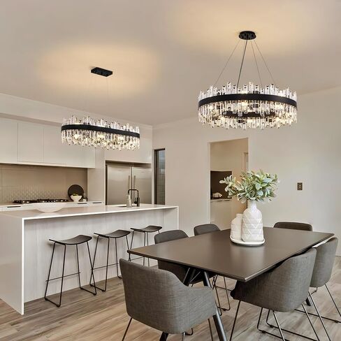 Siljoy Modern Crystal Chandelier 16-Light Farmhouse Black Round Crystal Raindrop Chandelier Industrial Dimmable Crystal Pendant Ceiling Light Fixture for Dining Living Room Entryway Foyer D31.5'' in Saudi Arabia