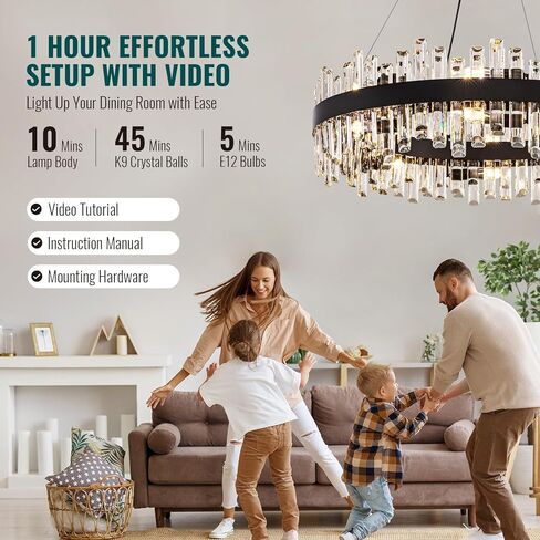 Siljoy Modern Crystal Chandelier 16-Light Farmhouse Black Round Crystal Raindrop Chandelier Industrial Dimmable Crystal Pendant Ceiling Light Fixture for Dining Living Room Entryway Foyer D31.5'' in Saudi Arabia