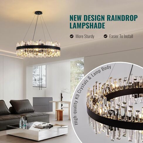 Siljoy Modern Crystal Chandelier 16-Light Farmhouse Black Round Crystal Raindrop Chandelier Industrial Dimmable Crystal Pendant Ceiling Light Fixture for Dining Living Room Entryway Foyer D31.5'' in Saudi Arabia