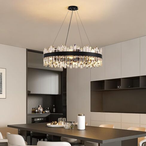 Siljoy Modern Crystal Chandelier 16-Light Farmhouse Black Round Crystal Raindrop Chandelier Industrial Dimmable Crystal Pendant Ceiling Light Fixture for Dining Living Room Entryway Foyer D31.5'' in Saudi Arabia