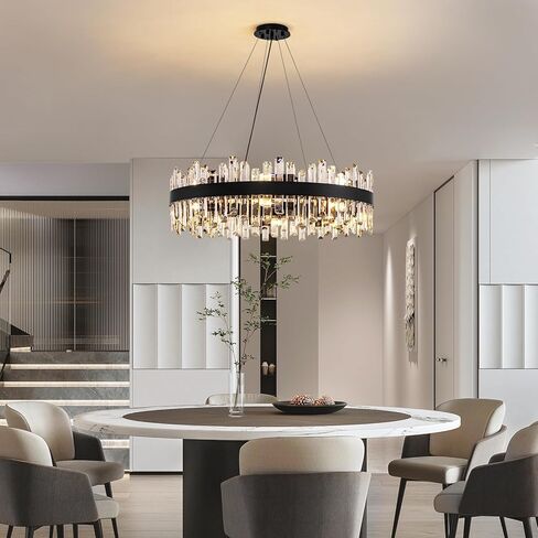 Siljoy Modern Crystal Chandelier 16-Light Farmhouse Black Round Crystal Raindrop Chandelier Industrial Dimmable Crystal Pendant Ceiling Light Fixture for Dining Living Room Entryway Foyer D31.5'' in Saudi Arabia