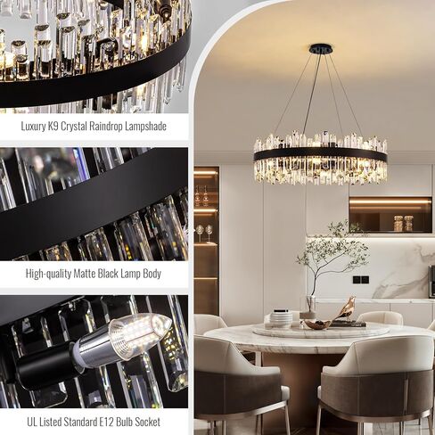 Siljoy Modern Crystal Chandelier 16-Light Farmhouse Black Round Crystal Raindrop Chandelier Industrial Dimmable Crystal Pendant Ceiling Light Fixture for Dining Living Room Entryway Foyer D31.5'' in Saudi Arabia
