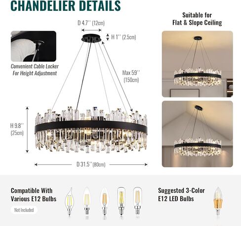Siljoy Modern Crystal Chandelier 16-Light Farmhouse Black Round Crystal Raindrop Chandelier Industrial Dimmable Crystal Pendant Ceiling Light Fixture for Dining Living Room Entryway Foyer D31.5'' in Saudi Arabia