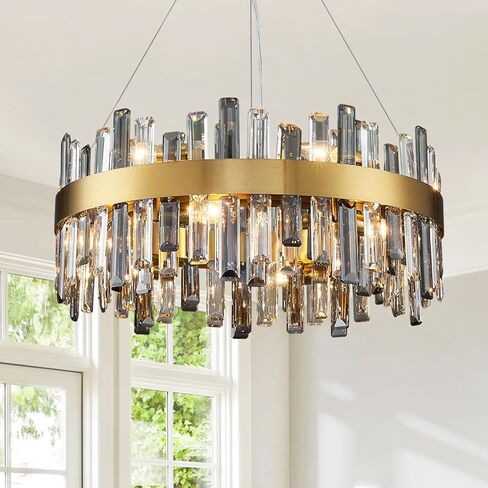 Siljoy Modern Crystal Chandelier 16-Light Farmhouse Black Round Crystal Raindrop Chandelier Industrial Dimmable Crystal Pendant Ceiling Light Fixture for Dining Living Room Entryway Foyer D31.5'' in Saudi Arabia