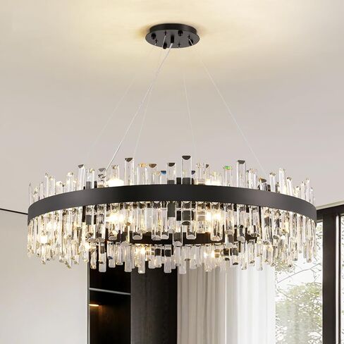 Siljoy Modern Crystal Chandelier 16-Light Farmhouse Black Round Crystal Raindrop Chandelier Industrial Dimmable Crystal Pendant Ceiling Light Fixture for Dining Living Room Entryway Foyer D31.5'' in Saudi Arabia