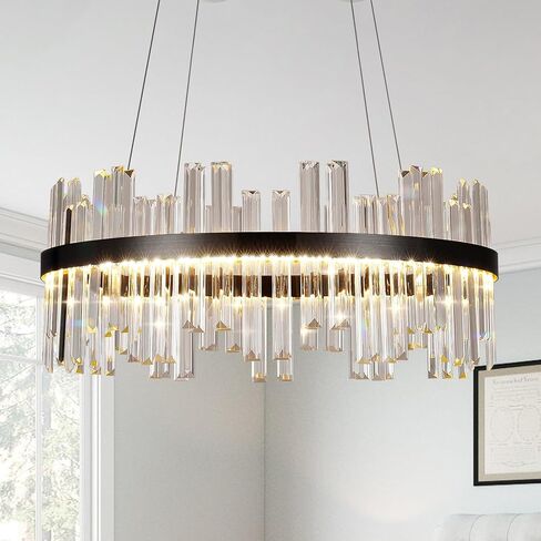 Black Modern Led Crystal Chandelier: 23.6" Round Contemporary 3 Color Dimmable Dining Room Light Fixture over Table - Adjustable Lighting Chandeliers for Bedroom Living Kitchen Island Entryway Foyer in Saudi Arabia
