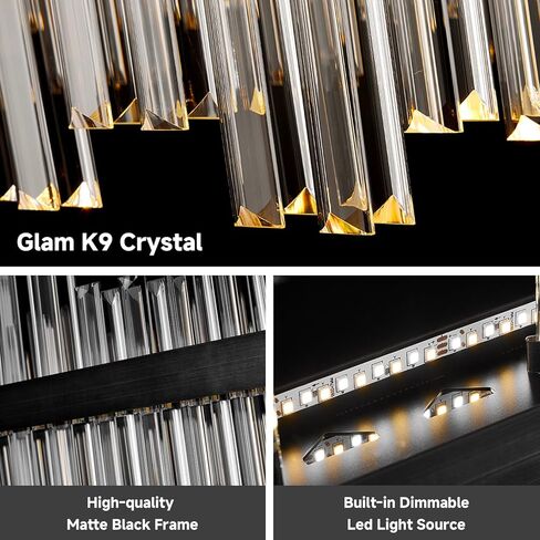 Black Modern Led Crystal Chandelier: 23.6" Round Contemporary 3 Color Dimmable Dining Room Light Fixture over Table - Adjustable Lighting Chandeliers for Bedroom Living Kitchen Island Entryway Foyer in Saudi Arabia