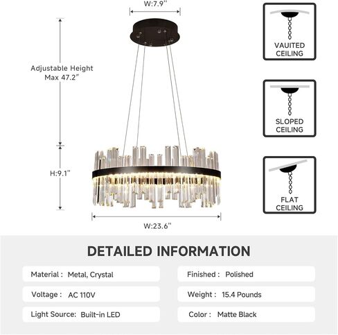 Black Modern Led Crystal Chandelier: 23.6" Round Contemporary 3 Color Dimmable Dining Room Light Fixture over Table - Adjustable Lighting Chandeliers for Bedroom Living Kitchen Island Entryway Foyer in Saudi Arabia