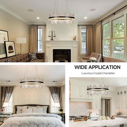 Black Modern Led Crystal Chandelier: 23.6" Round Contemporary 3 Color Dimmable Dining Room Light Fixture over Table - Adjustable Lighting Chandeliers for Bedroom Living Kitchen Island Entryway Foyer in Saudi Arabia