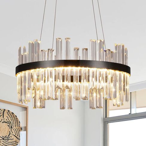 Black Modern Led Crystal Chandelier: 23.6" Round Contemporary 3 Color Dimmable Dining Room Light Fixture over Table - Adjustable Lighting Chandeliers for Bedroom Living Kitchen Island Entryway Foyer in Saudi Arabia