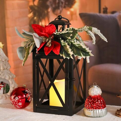 فوانيس عيد الميلاد ديكور داخلي، 2 حزمة فانوس عيد الميلاد في الهواء الطلق، 12 بوصة فوانيس شمعة مزخرفة ضوء عديمة اللهب مع الأزهار والخضراء لقطع الطاولة المركزية، المنزل، ديكور الشرفة in Kuwait