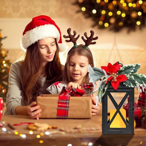 فوانيس عيد الميلاد ديكور داخلي، 2 حزمة فانوس عيد الميلاد في الهواء الطلق، 12 بوصة فوانيس شمعة مزخرفة ضوء عديمة اللهب مع الأزهار والخضراء لقطع الطاولة المركزية، المنزل، ديكور الشرفة in Kuwait