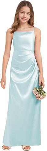 A-Line Junior Bridesmaid Dresses for Teen Girl Square Neck Pleated Stretch Satin Flower Girls Dress 2520 in Saudi Arabia