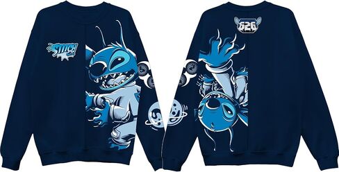 Disney mens Stitch 626 Adult Fleece Split Crewneck Front Back Sweatshirt With Embroidery in Saudi Arabia