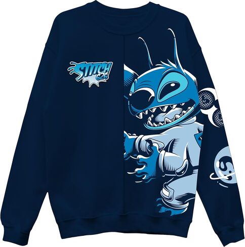 Disney mens Stitch 626 Adult Fleece Split Crewneck Front Back Sweatshirt With Embroidery in Saudi Arabia