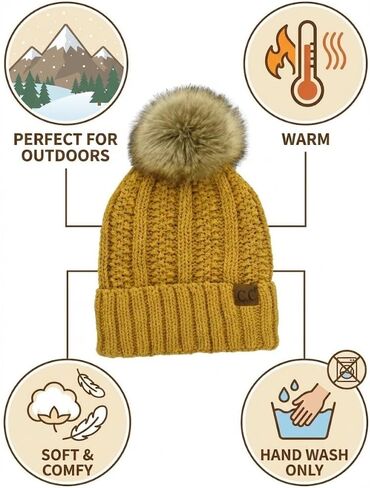 قبعة CC Beanie النسائية المريحة من قماش شانيل بوم - قبعة شتوية دافئة وعصرية ذات ملمس ناعم in Saudi Arabia