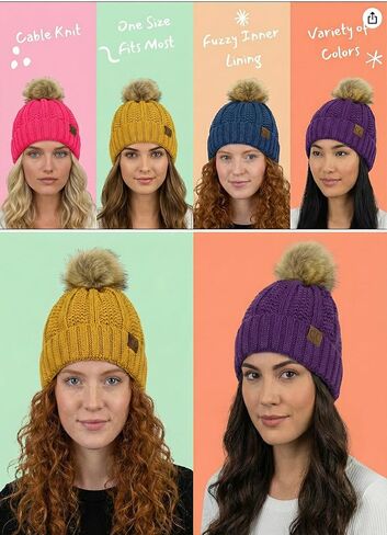 قبعة CC Beanie النسائية المريحة من قماش شانيل بوم - قبعة شتوية دافئة وعصرية ذات ملمس ناعم in Saudi Arabia