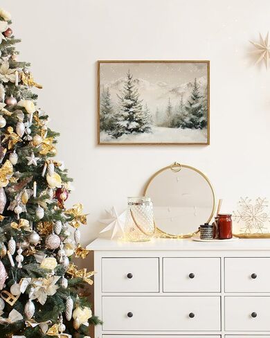 لوحة فنية جدارية على شكل جبل ثلجي شتوي عتيق مقاس 12×16 طباعة قماشية مؤطرة، لوحة منظر طبيعي لشجرة الصنوبر الثلجية للغابات، ريفي محايد لعيد الميلاد في غرفة المعيشة وغرفة النوم ومدخل المزرعة وديكور المنزل لقضاء العطلات in Kuwait