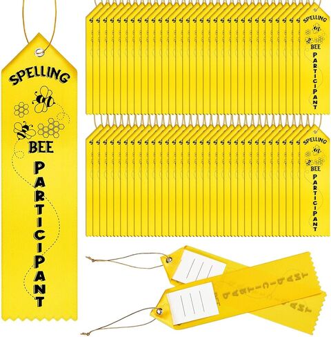 25 Pcs Spelling Bee Participant Award Ribbons with Card and String Yellow Participation Ribbon Spelling Bee Medal Ribbons Participant Prize Ribbons for Kids Spelling Bee Competition Event, 2 x 8 Inch in Kuwait