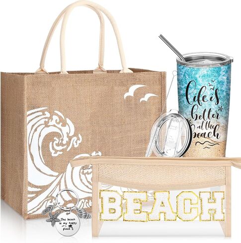 6 Pcs Beach Gifts for Women Set Beach Theme Gift Set Burlap Tote Bags Cosmetic Bag 20 oz Tumbler Keychain for Birthday Holiday Travel Wedding Bridal Shower Bride Bridesmaid Honeymoon(Classic) in Saudi Arabia