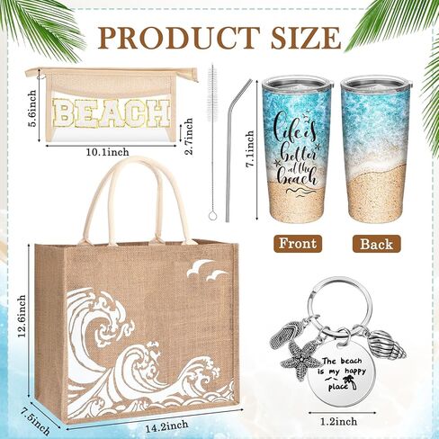 6 Pcs Beach Gifts for Women Set Beach Theme Gift Set Burlap Tote Bags Cosmetic Bag 20 oz Tumbler Keychain for Birthday Holiday Travel Wedding Bridal Shower Bride Bridesmaid Honeymoon(Classic) in Saudi Arabia