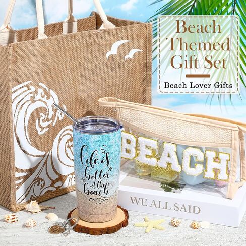 6 Pcs Beach Gifts for Women Set Beach Theme Gift Set Burlap Tote Bags Cosmetic Bag 20 oz Tumbler Keychain for Birthday Holiday Travel Wedding Bridal Shower Bride Bridesmaid Honeymoon(Classic) in Saudi Arabia