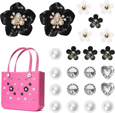 23Pcs Flower Charms Accesories for Rubber Beach Bag, Bling Rhinestones, Pearl Accessories Compatible with Beach Handbags, Inserted Charms for Rubber Totes in Kuwait