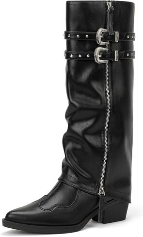 IDIFU IN2 Women Fold Over Cowboy Boots Slouchy Cowgirl Knee High Boots Pointed Toe Low Short Block Chunky Heel Boot Long Tall Studded Zipper Buckles Comfort Trendy Dressy Shark Boot in Saudi Arabia
