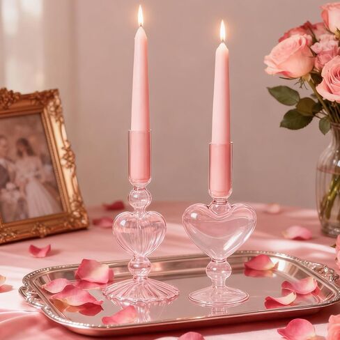 WDS WONDROUS Glass Candle Holders Set of 2 – Pink Heart Taper Candle Holders for Valentine's Day, Candlestick Holder Wedding Decorations, Farmhouse Home Coffee Table Decor & Housewarming Gifts in Saudi Arabia