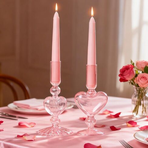 WDS WONDROUS Glass Candle Holders Set of 2 – Pink Heart Taper Candle Holders for Valentine's Day, Candlestick Holder Wedding Decorations, Farmhouse Home Coffee Table Decor & Housewarming Gifts in Saudi Arabia
