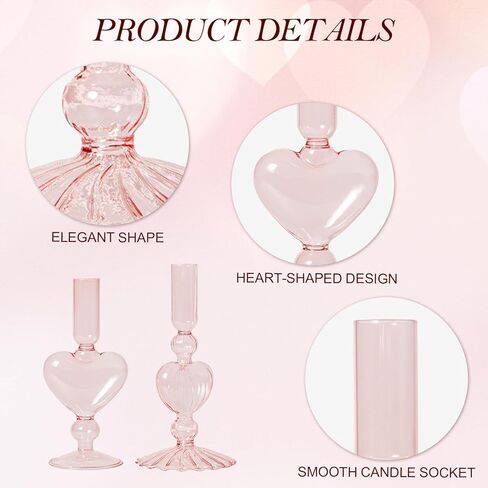 WDS WONDROUS Glass Candle Holders Set of 2 – Pink Heart Taper Candle Holders for Valentine's Day, Candlestick Holder Wedding Decorations, Farmhouse Home Coffee Table Decor & Housewarming Gifts in Saudi Arabia