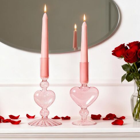WDS WONDROUS Glass Candle Holders Set of 2 – Pink Heart Taper Candle Holders for Valentine's Day, Candlestick Holder Wedding Decorations, Farmhouse Home Coffee Table Decor & Housewarming Gifts in Saudi Arabia