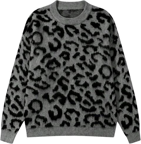 Men's Y2k Leopard Sweater Fuzzy Oversized Cheetah Crew Neck Unisex Sweater Jumper Streetwear in Saudi Arabia