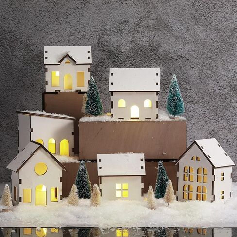 Hiboom 22 Pcs Christmas Village Set Wooden House LED Candlelight Small Pine Tree Mini Wooden Village Building for Adult Winter Town Xmas Farmhouse Tabletop Craft Decor in Saudi Arabia