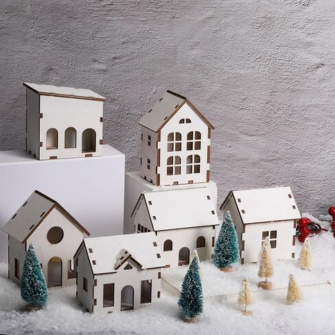 Hiboom 22 Pcs Christmas Village Set Wooden House LED Candlelight Small Pine Tree Mini Wooden Village Building for Adult Winter Town Xmas Farmhouse Tabletop Craft Decor in Saudi Arabia