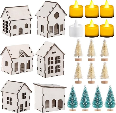 Hiboom 22 Pcs Christmas Village Set Wooden House LED Candlelight Small Pine Tree Mini Wooden Village Building for Adult Winter Town Xmas Farmhouse Tabletop Craft Decor in Saudi Arabia