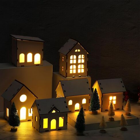Hiboom 22 Pcs Christmas Village Set Wooden House LED Candlelight Small Pine Tree Mini Wooden Village Building for Adult Winter Town Xmas Farmhouse Tabletop Craft Decor in Saudi Arabia
